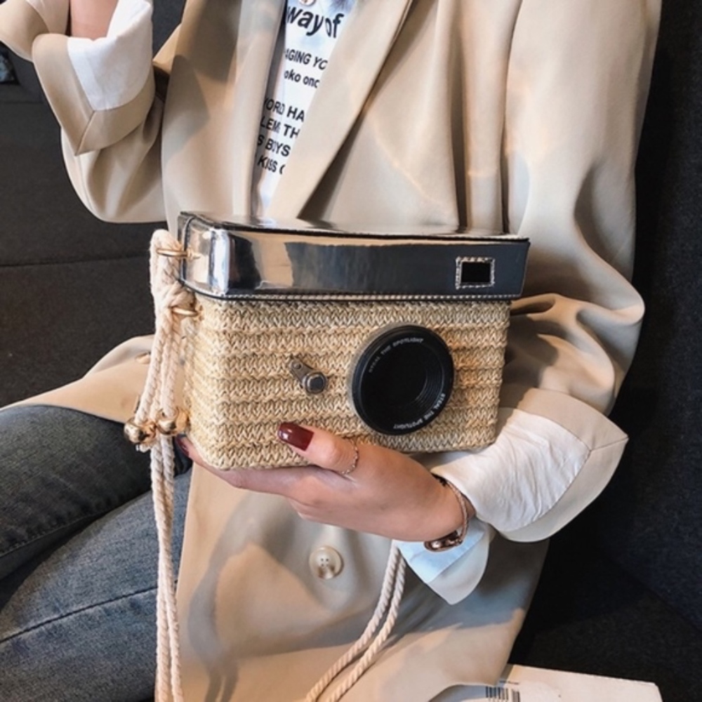 New Camera Woven Linen Straw Basket Shoulder Bag - Picture 5 of 8